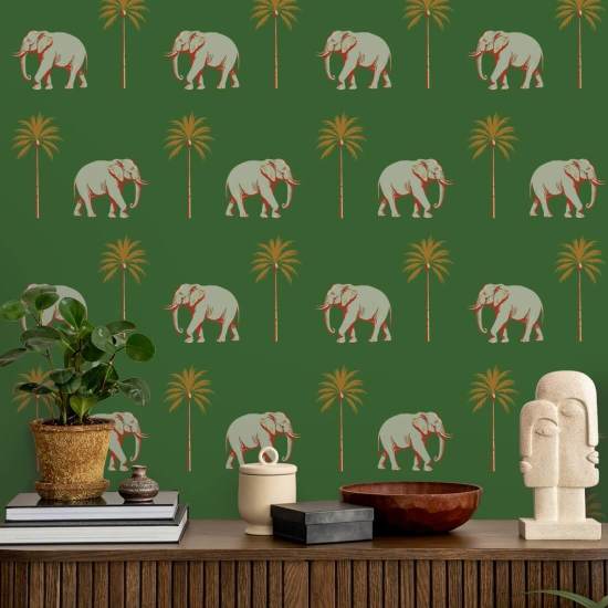 Strolling Elephant Emerald Green Wallpaper