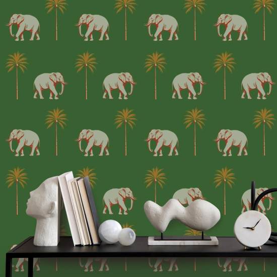 Strolling Elephant Emerald Green Wallpaper