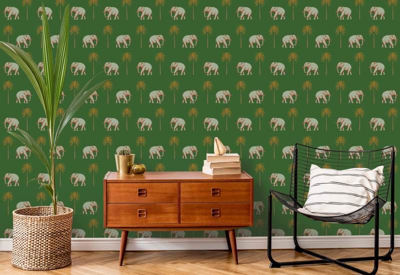 Strolling Elephant Emerald Green Wallpaper