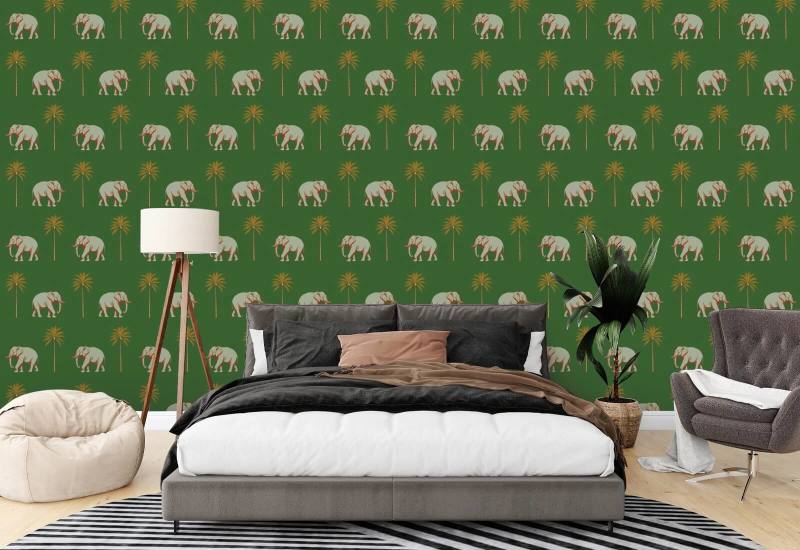 Strolling Elephant Emerald Green Wallpaper