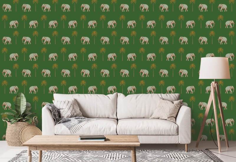 Strolling Elephant Emerald Green Wallpaper