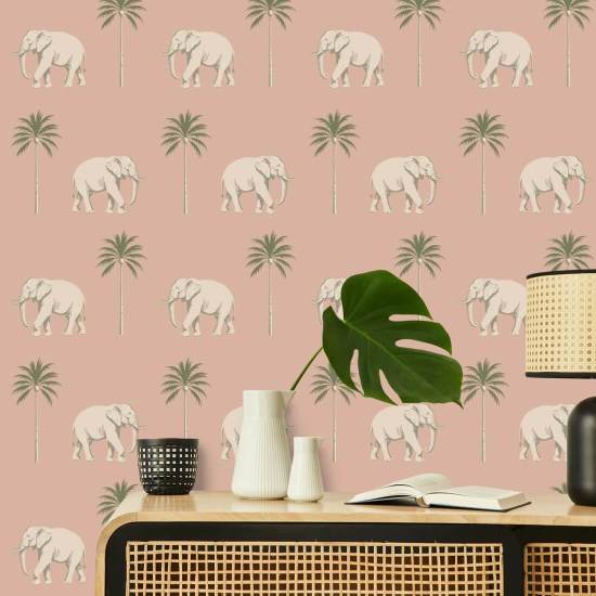 Strolling Elephant Pink Savanna Wallpaper