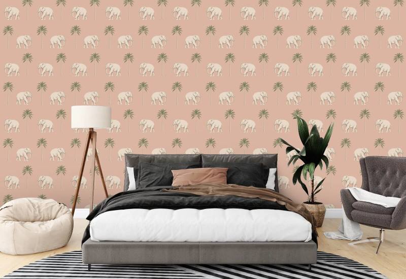 Strolling Elephant Pink Savanna Wallpaper