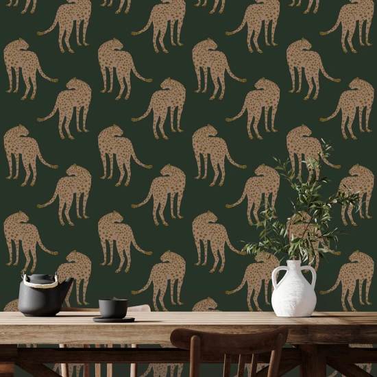 Prowling Cheetah Deep Forest Green Wallpaper