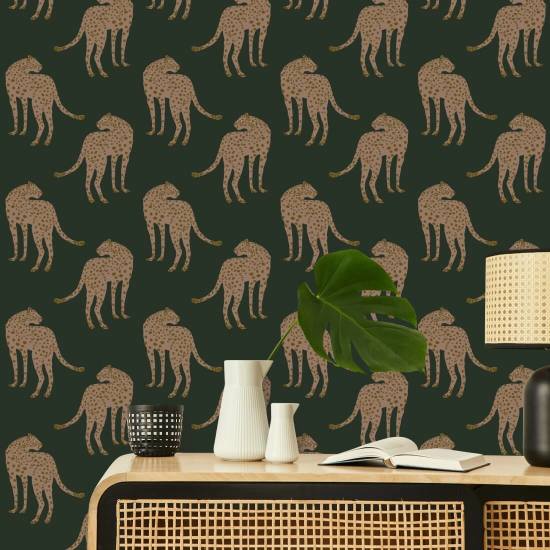 Prowling Cheetah Deep Forest Green Wallpaper