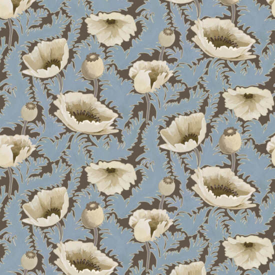Poppy Bloom Brownstone Blue Floral Wallpaper