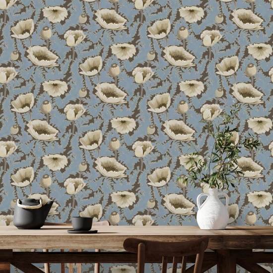 Poppy Bloom Brownstone Blue Floral Wallpaper