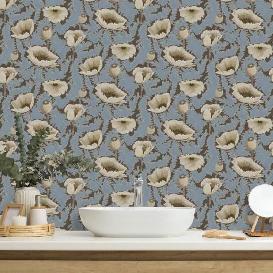 Flor de amapola Papel pintado floral azul Brownstone