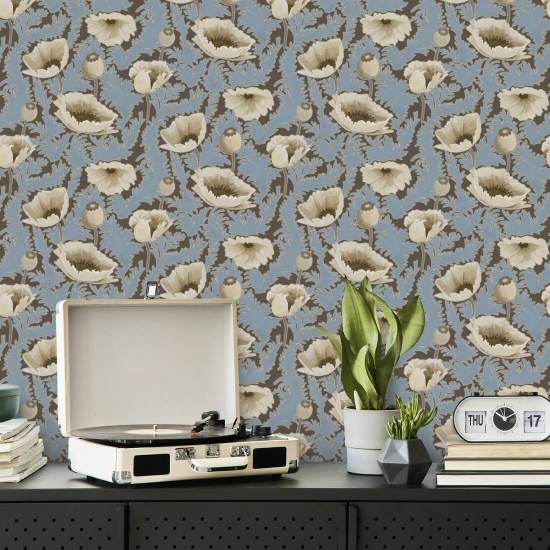 Poppy Bloom Brownstone blauw bloemenbehang