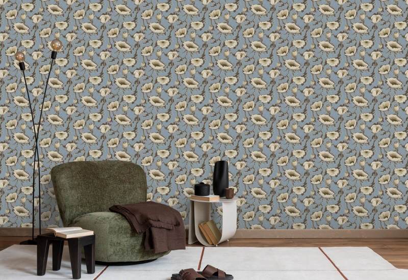 Poppy Bloom Brownstone Blue Floral Wallpaper