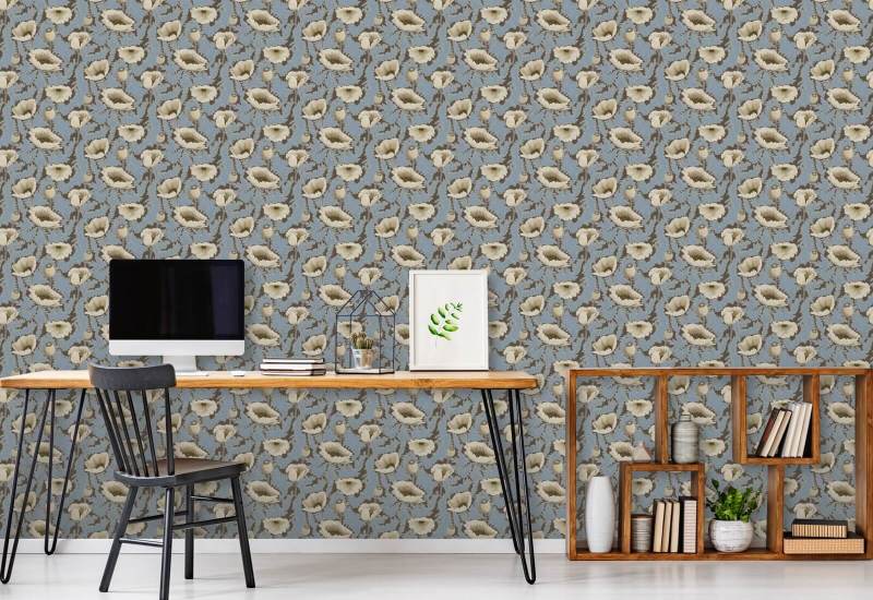 Fleurs de pavot Papier peint floral bleu Brownstone