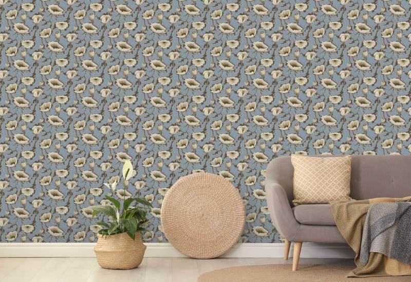 Poppy Bloom Brownstone Blue Floral Wallpaper