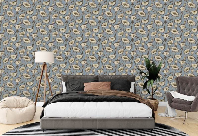 Poppy Bloom Brownstone blauw bloemenbehang