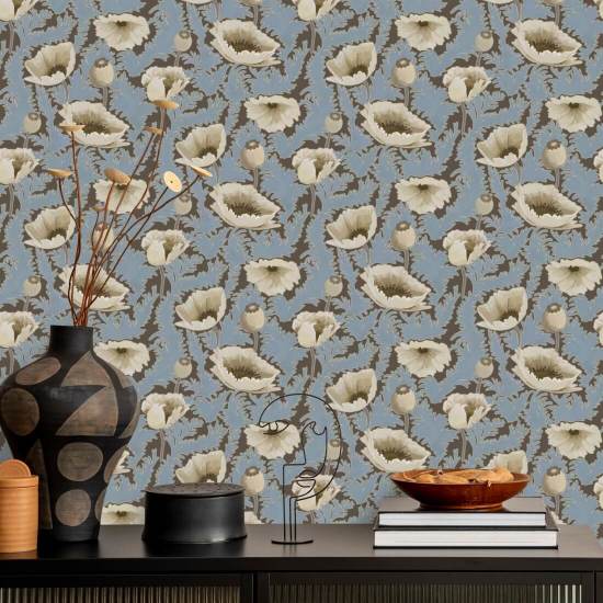 Poppy Bloom Brownstone Blue Floral Wallpaper