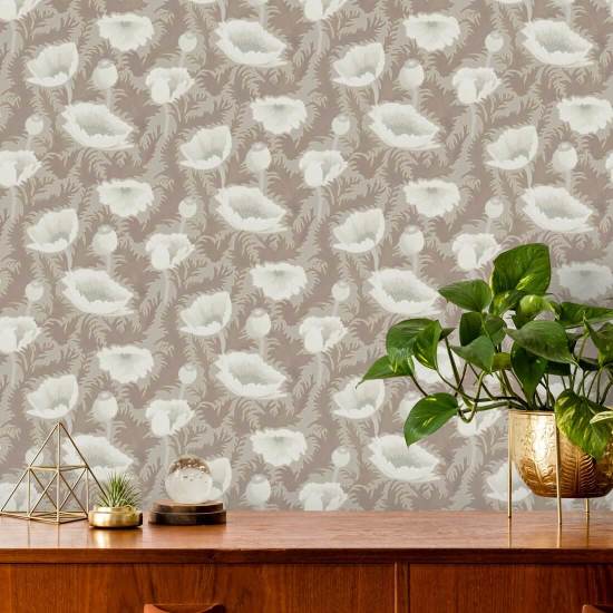 Poppy Bloom Earthen Taupe Floral Wallpaper