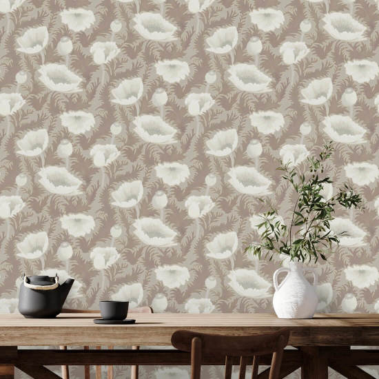 Poppy Bloom Earthen Taupe Floral Wallpaper