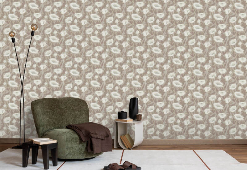 Flor de papoula Papel de parede floral Earthen Taupe