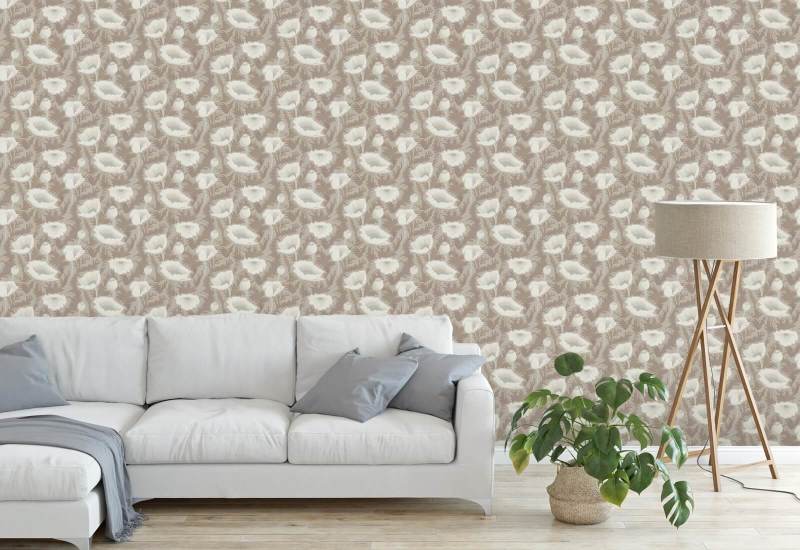 Fiore di papavero Carta da parati floreale Earthen Taupe
