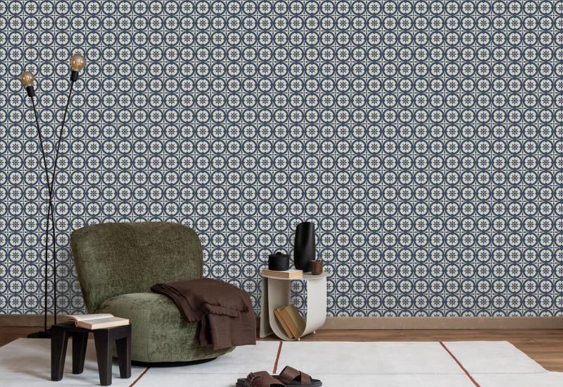 Medaillon Oxford blauw behang