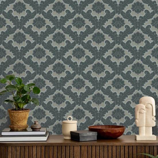 Drawing Room Leaf Pewter Blue Wallpaper