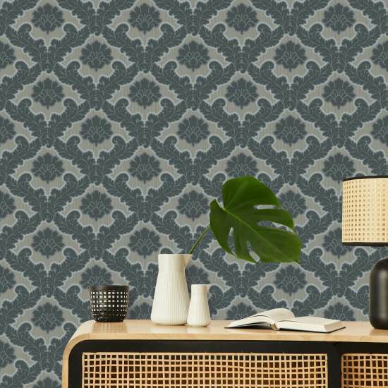 Drawing Room Leaf Pewter Blue Wallpaper