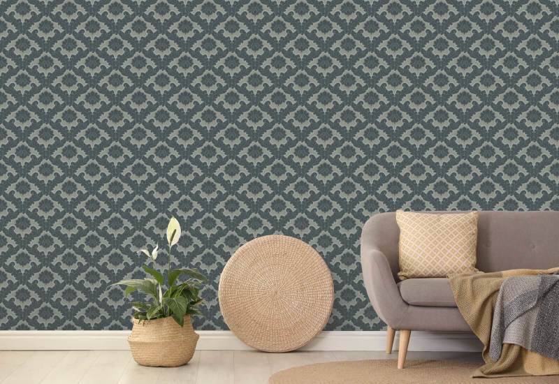 Salon Leaf Tinnen blauw behang