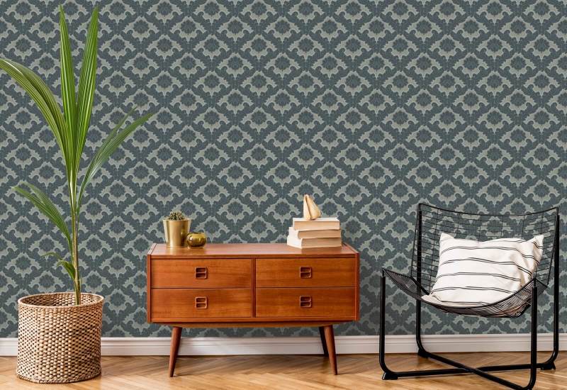 Drawing Room Leaf Pewter Blue Wallpaper