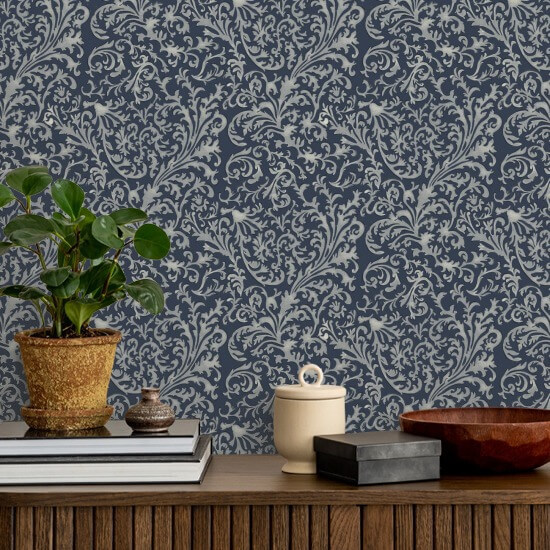 Florentine Vine Deep Blue Wallpaper