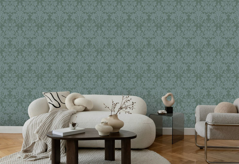 Rococo Relief Blue Green Wallpaper