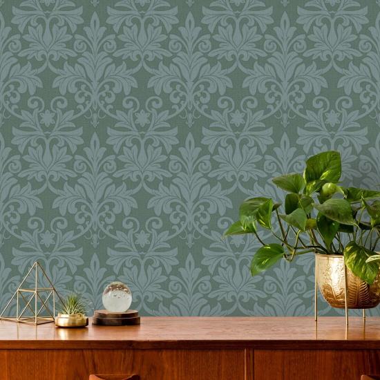 Rococo Relief Blue Green Wallpaper