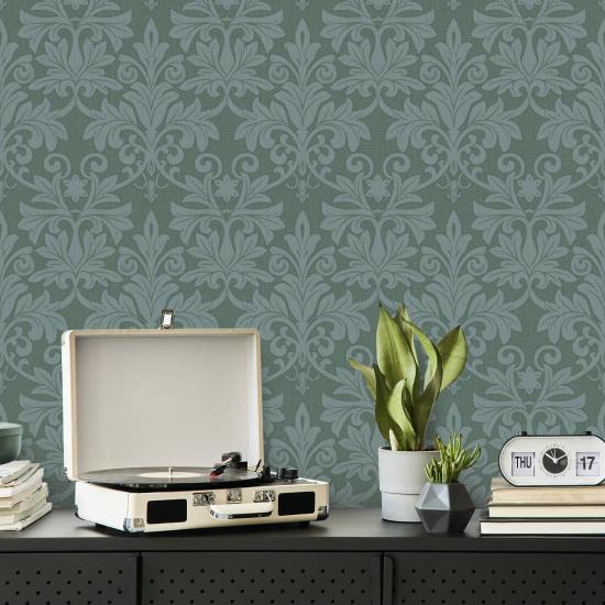 Rococo Relief Blue Green Wallpaper