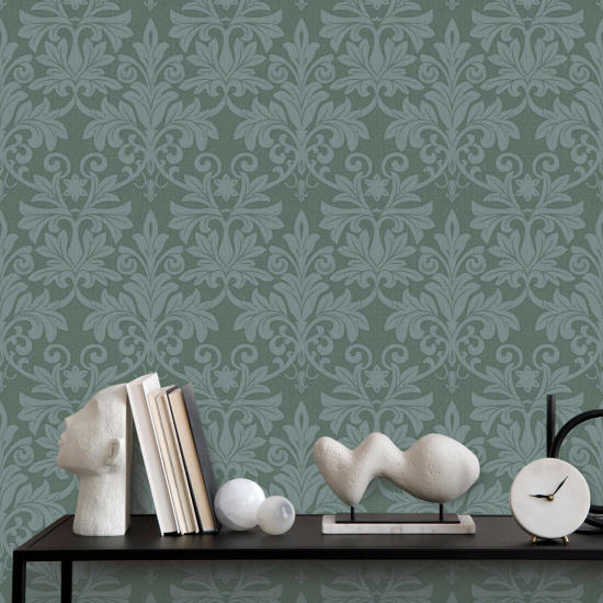 Rococo Relief Blue Green Wallpaper