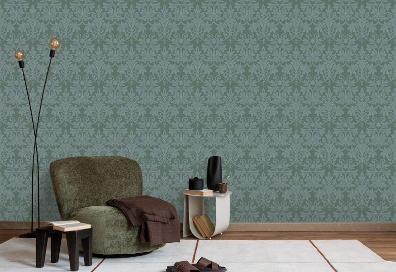 Rococo-reliëf Blauwgroen behang