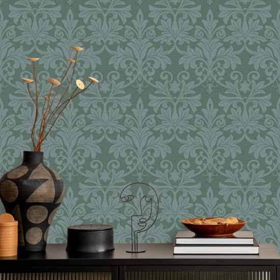 Rococo-reliëf Blauwgroen behang