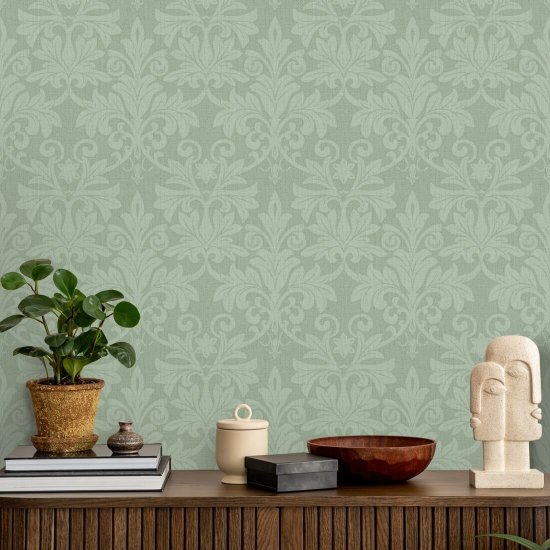 Rococo Relief Misty Green Wallpaper