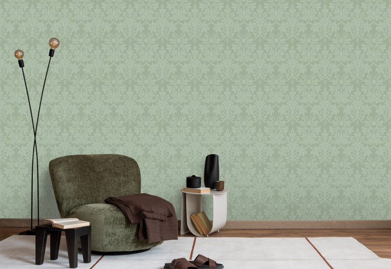 Rococo-reliëf Misty Green behang
