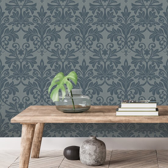 Rococo Relief Pewter Blue Wallpaper