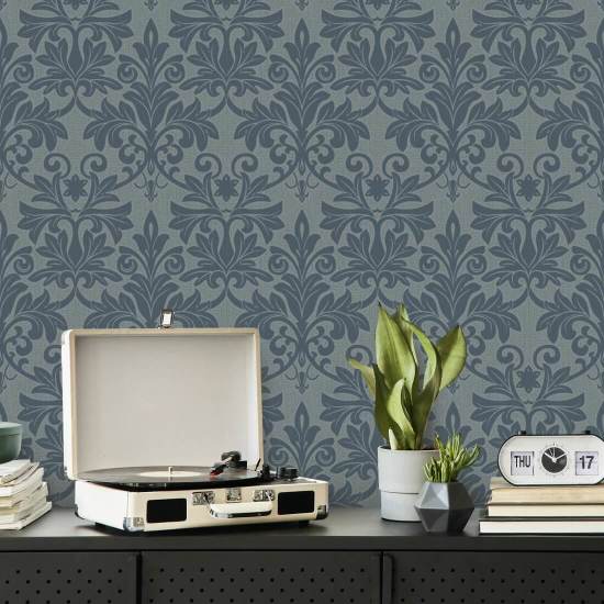 Rococo Relief Pewter Blue Wallpaper