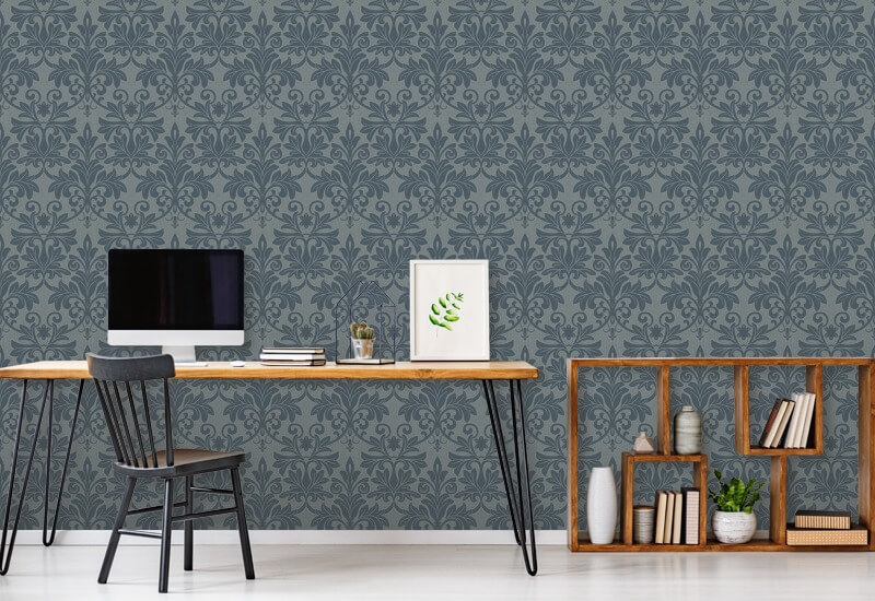 Rococo Relief Pewter Blue Wallpaper