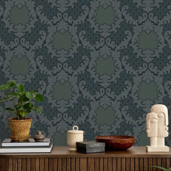 Damasco Shadow Leaf Carta da parati Midnight
