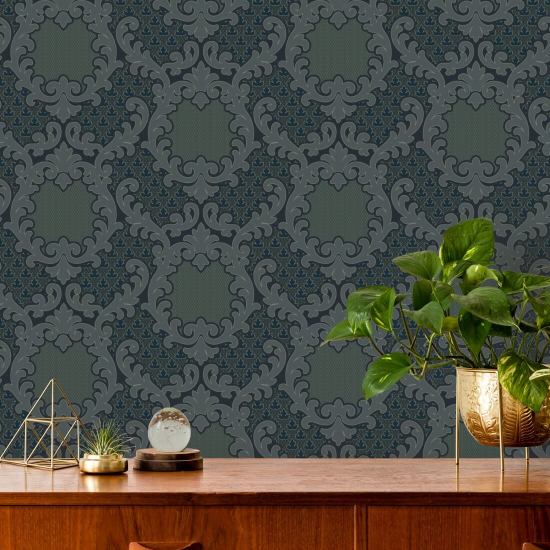 Shadow Leaf Damask Midnight Wallpaper