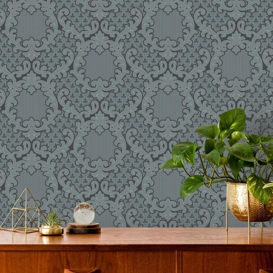 Shadow Leaf Damask Pewter Blue Wallpaper
