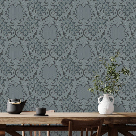 Shadow Leaf Damask Papier peint Pewter Blue