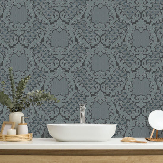 Shadow Leaf Damask Pewter Blue Wallpaper