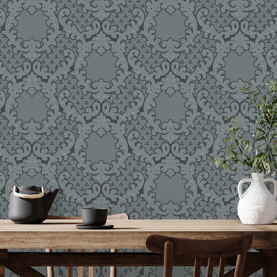 Shadow Leaf Damask Pewter Blue Wallpaper