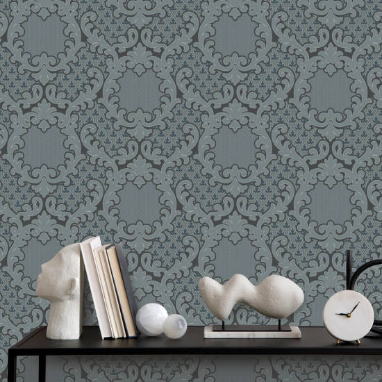Shadow Leaf Damask Pewter Blue Wallpaper