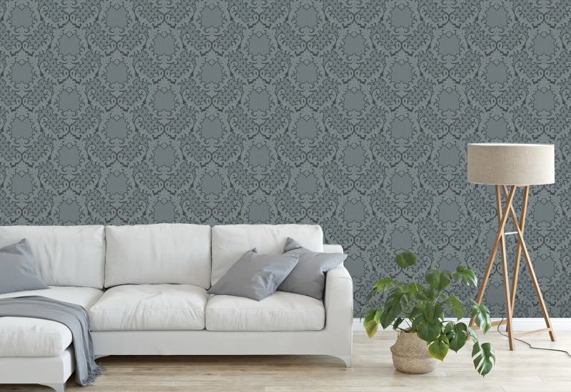 Shadow Leaf Damask Pewter Blue Wallpaper