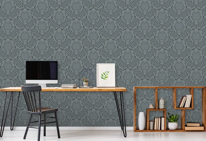 Shadow Leaf Damask Papier peint Pewter Blue