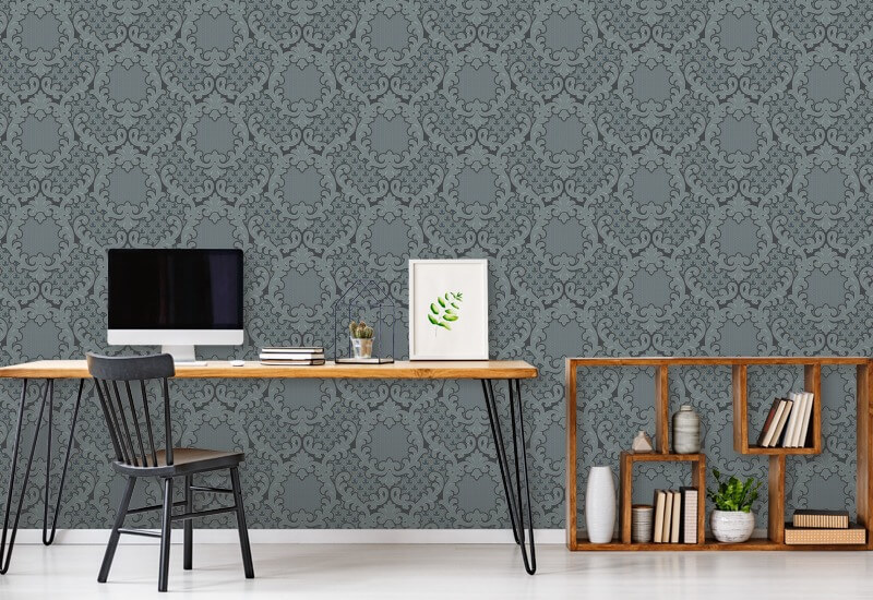 Shadow Leaf Damask Pewter Blue Wallpaper