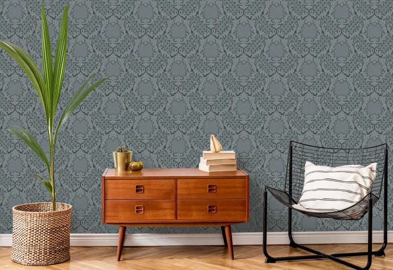 Shadow Leaf Damask Pewter Blue Wallpaper